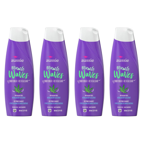 Aussie Miracle Waves Anti-Frizz Hemp Conditioner 2 Pack (12.1 oz each), with paraben-free formula, is shown with purple labels and white caps—ideal for enhancing wavy texture and taming frizz.